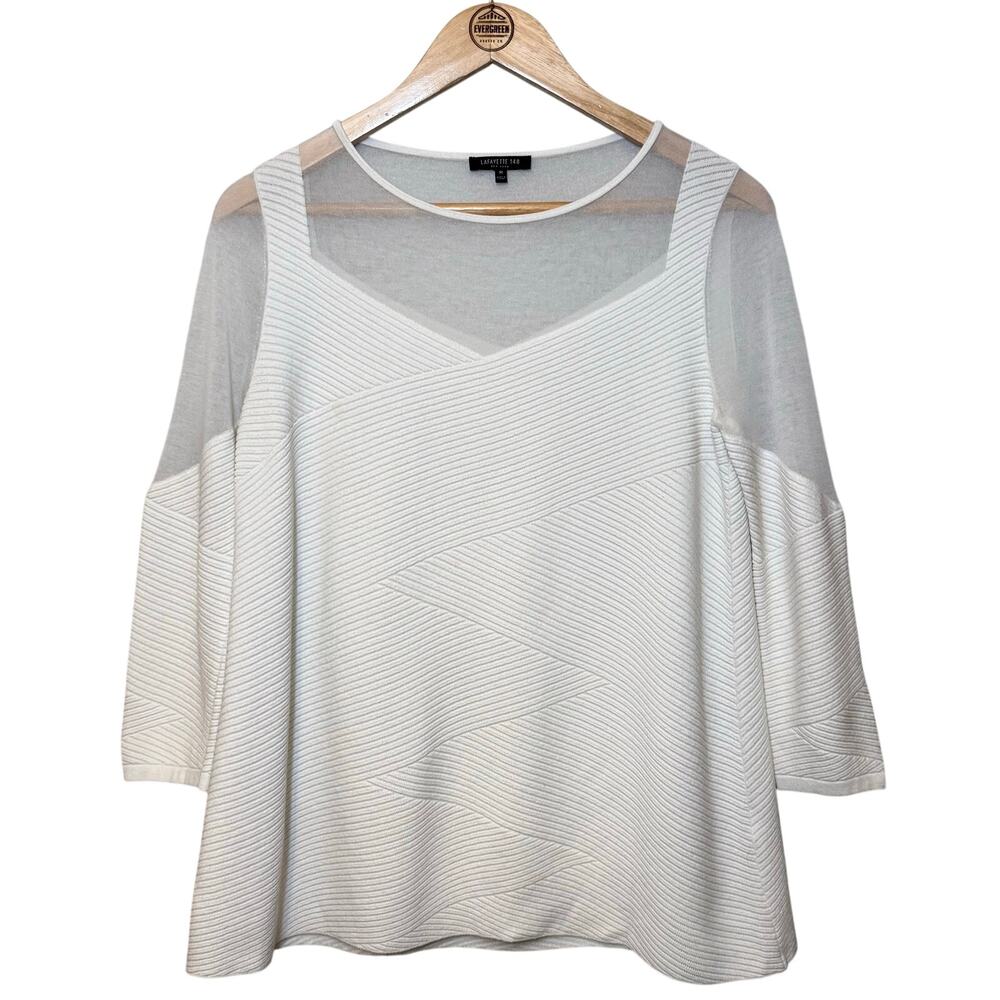 Lafayette 148 Sweater Angled Ribbed Knit Mesh 3/4 Sleeve White Women’s Medium
